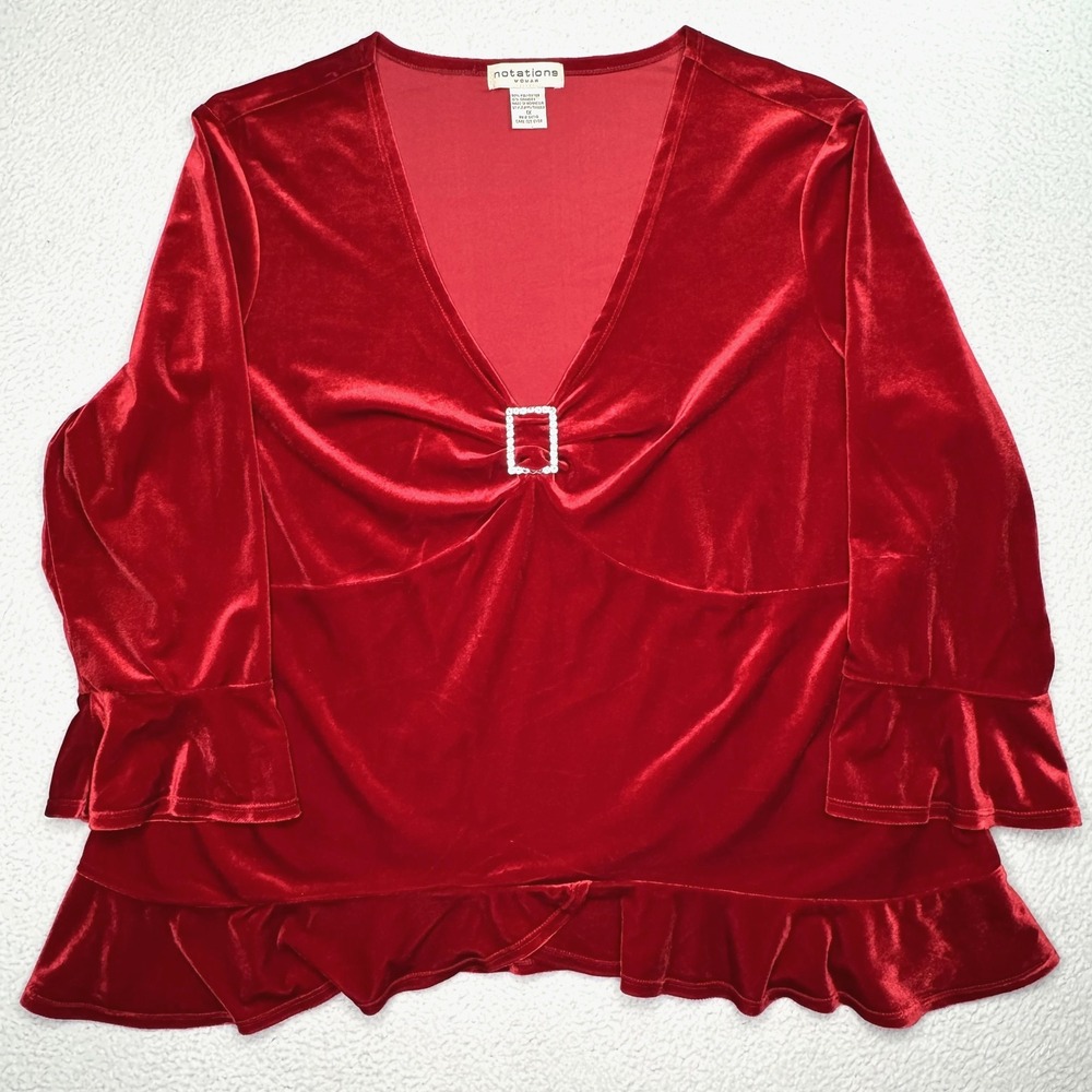 Vtg Y2K Notations Blouse Womens 1X Red Velvet Rhinestone Babydoll Romantic Glam